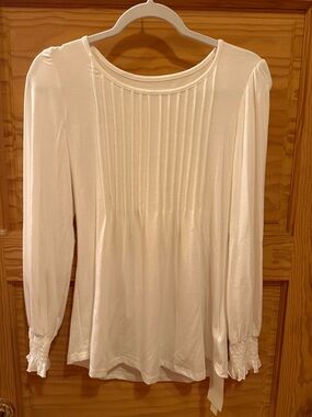 White Pleated Front Long-Sleeve Blouse